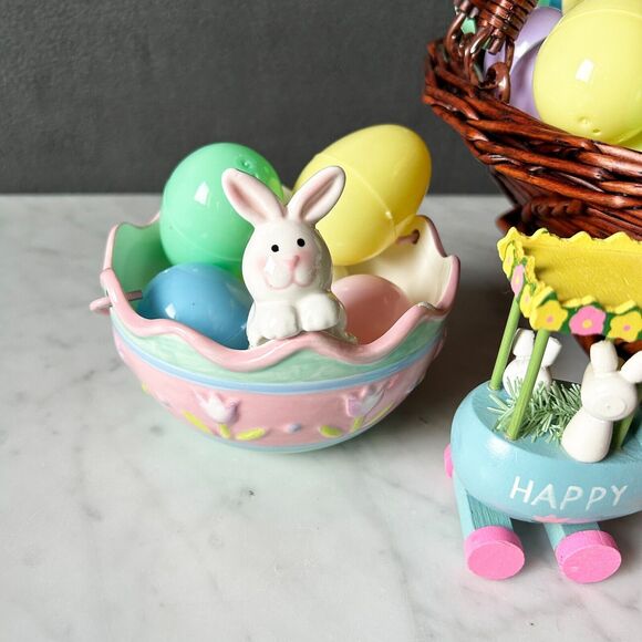 Easter Table Decor Wicker Basket - Plastic Eggs - Bunny Dishes - Wooden Letters - Picture 2 of 15
